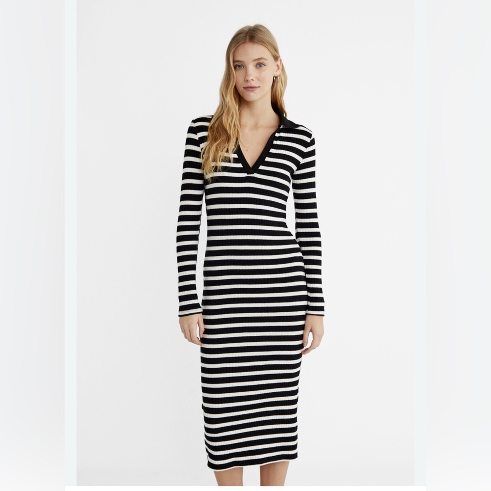 🆕 Haeof Ribbed V Neck Stretch Sweater Midi Dress, Striped Black/White, Size M